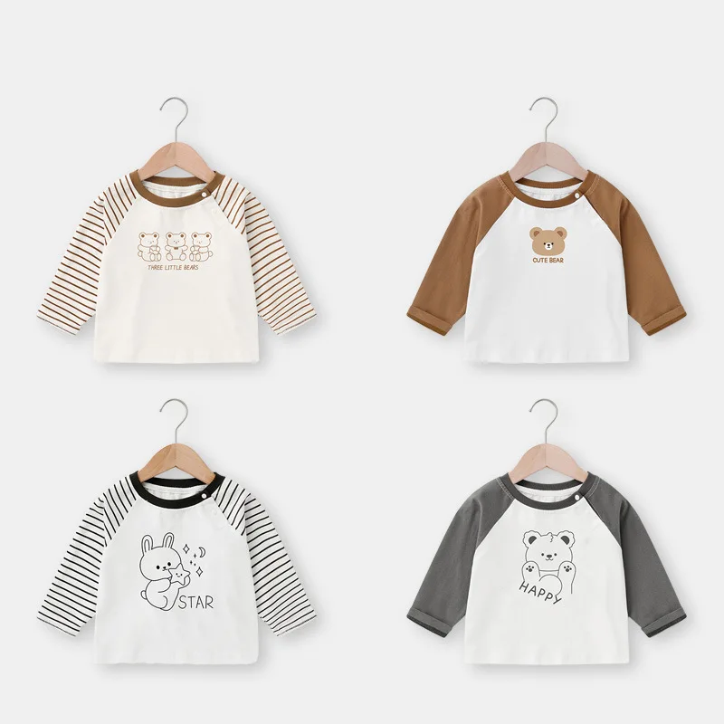 Spring Autumn Baby Boys Long Sleeves Cotton Bear Print Toddler Boy Tees Loose Raglan Spliced Sleeve Round Collar Kid Boy T-shirt