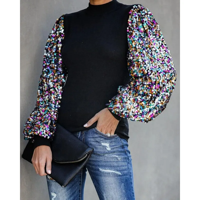 

2023 Fall Winter Fashion Half Turtleneck Sequin Patchwork Puff Sleeve Long Sleeve Top Printed Simple Elegant