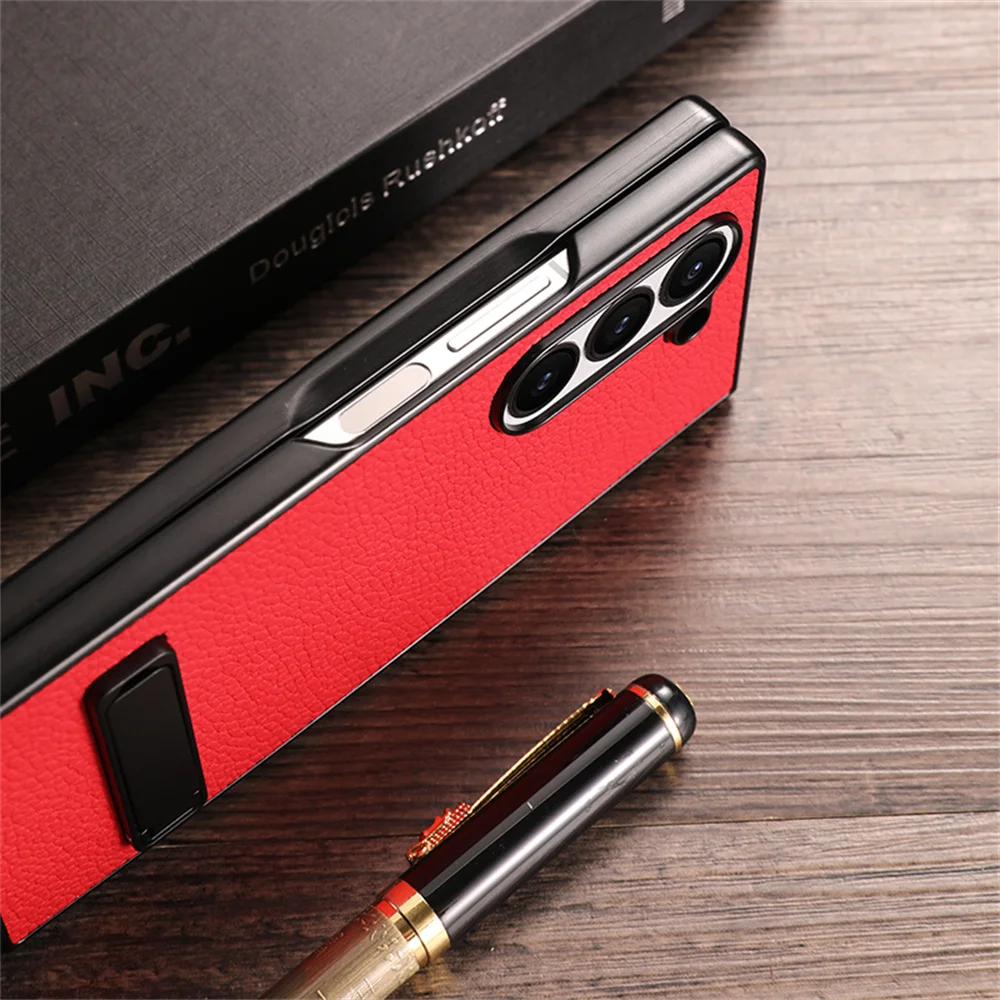 Elegant Litchi Leather Invisible Bracket Case with Stand Holder and Thin Bumper Design