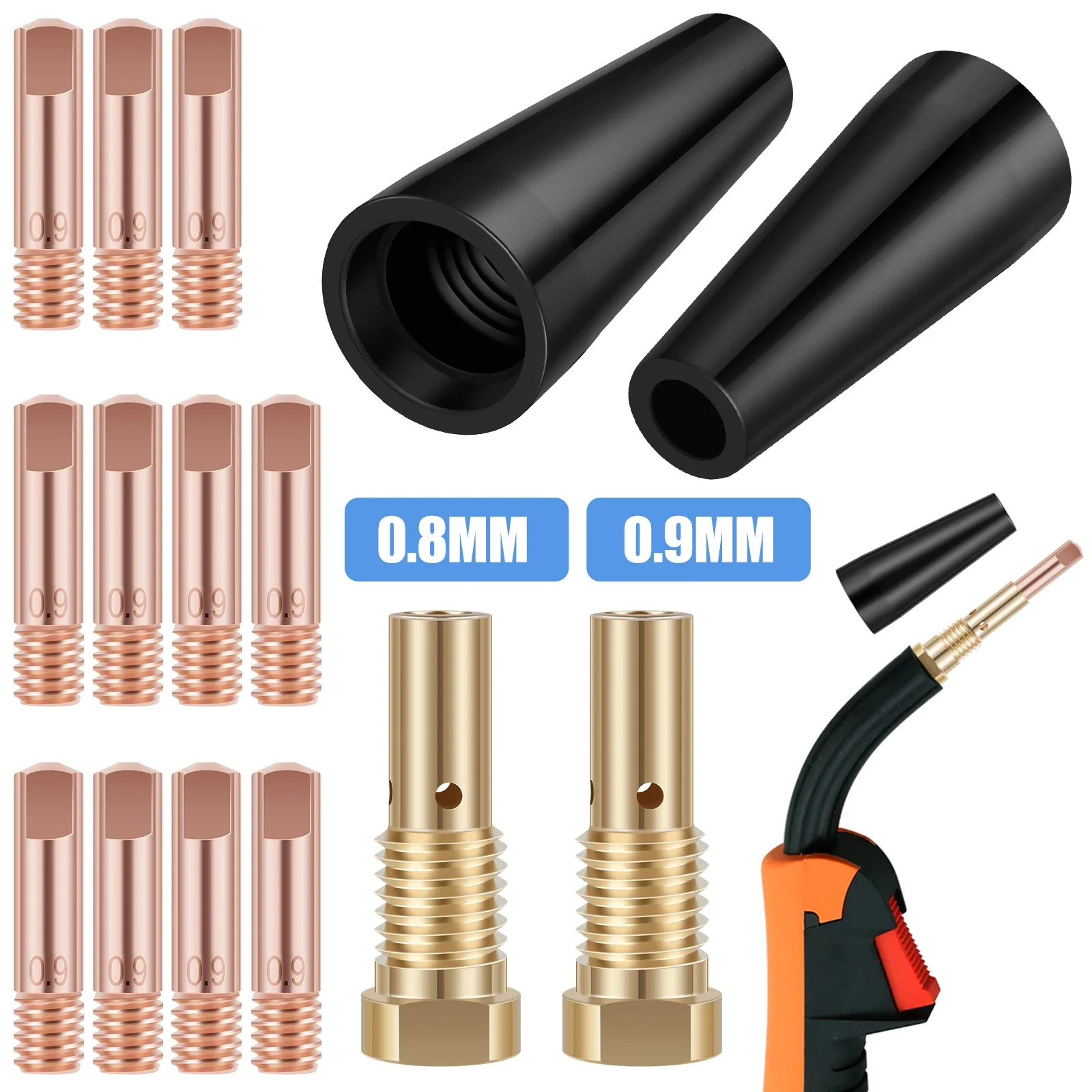 15Pcs Gasless Nozzle Tips Welding Kit 0.8/0.9mm Flux Core Gasless