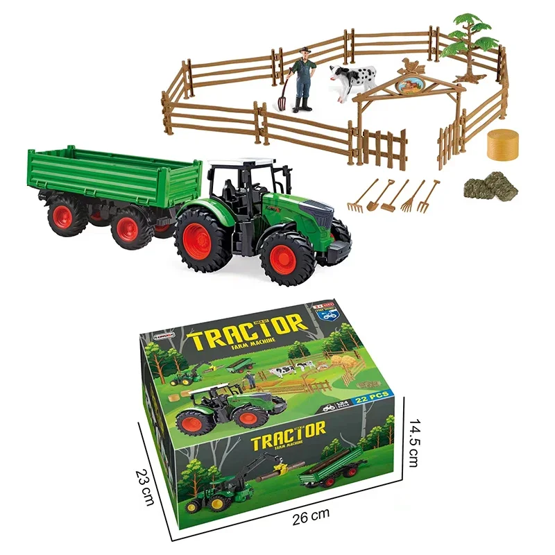 Farmer Harvester Car Model Tractor Trucks Farm Fence Scene Series Simulation Cow Horse Animal Figures Miniature Cute Kid Toy