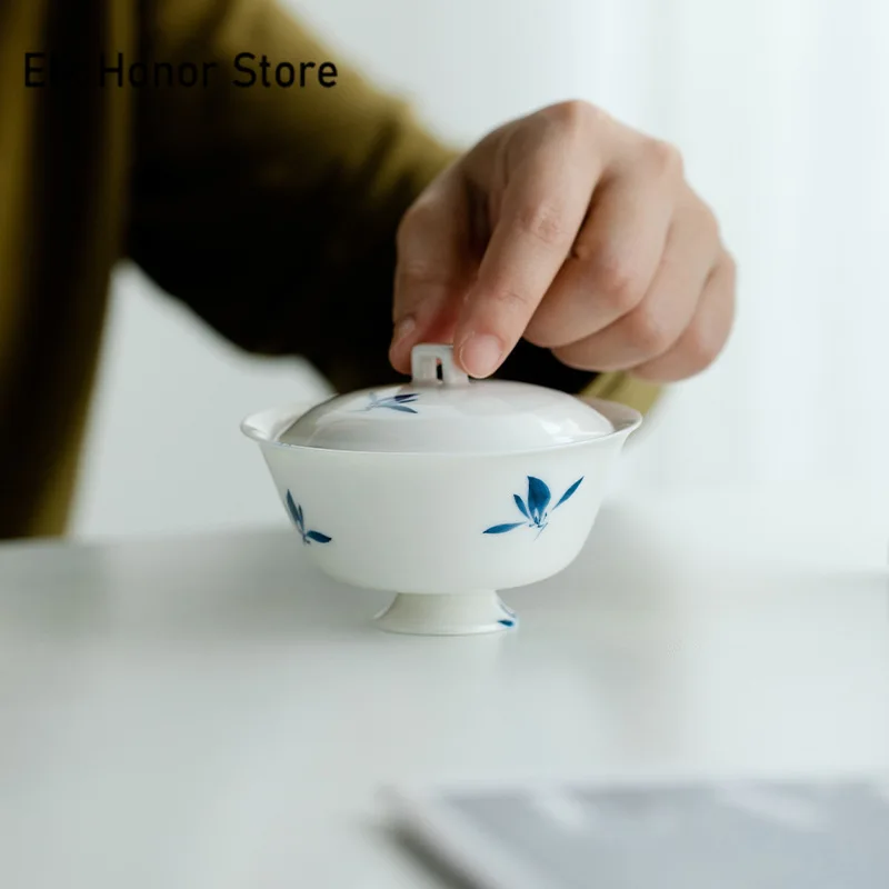 100ml Pure Hand-painted Butterfly Orchid Tea Tureen White Porcelain Ring Button Cover Bowl Tea Maker Gaiwan Kung Fu Teaware