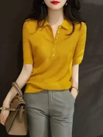 Polo Neck Shirt For Women Plain Button Woman T Slim Women's Clothing Trend 2025 High Quality On Offer Wholesale Youth Korean - Image 3