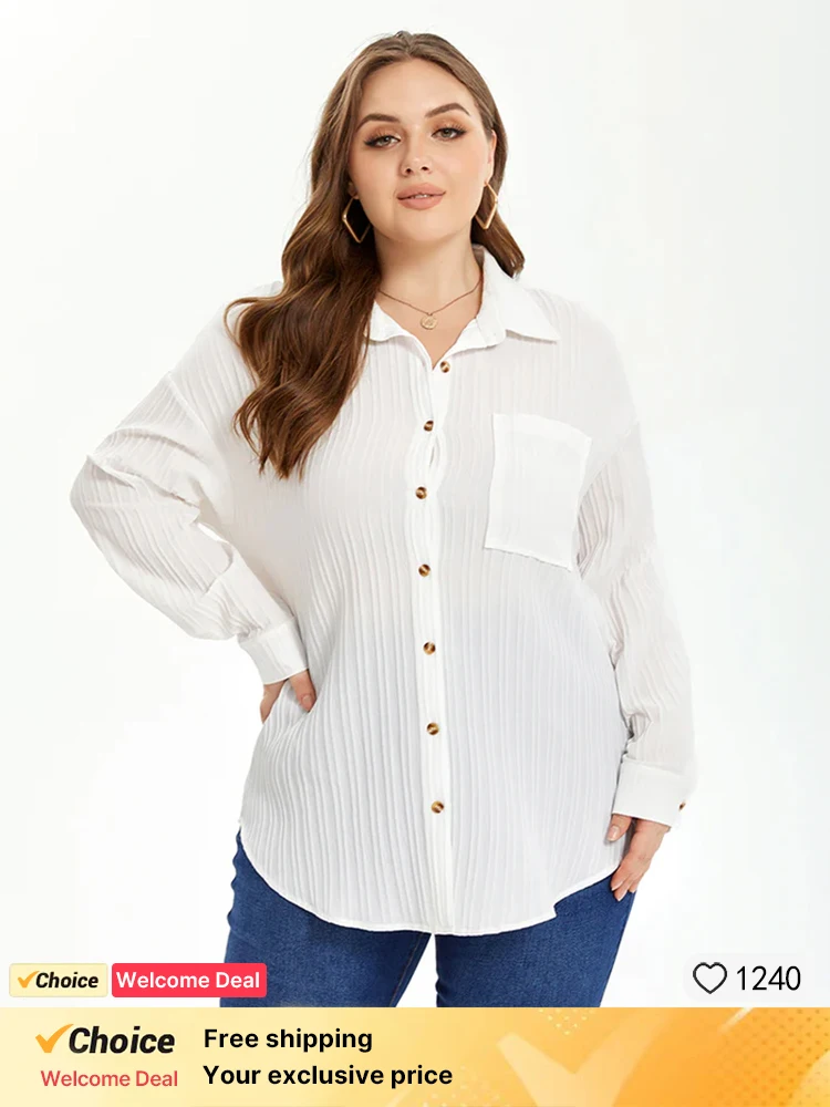 Plus Sized Clothing Long Sleeve Texture Drop Shoulder Shirt Button Front Pocket Shirt Loose Casual Blouse Elegant Tops Shirts