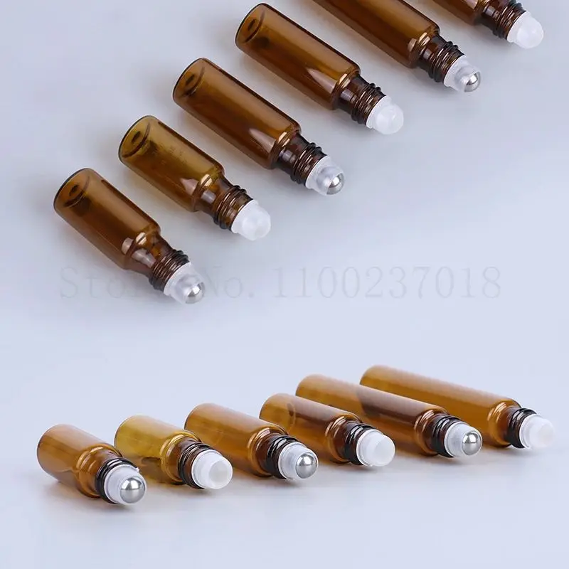 Glass and Metal Ball Brown Thin 20pcs/Lot Amber Glass Roll on Bottle Glass Roller Essential Oil Vials