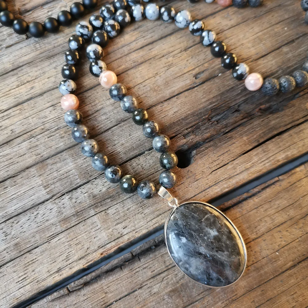 8mm Blacke Labradorite Pendant,Lava Stone Beads,Snowflake Obsidian Prayer Bracelet,Calm Necklace Jewelry,Meditation Beads