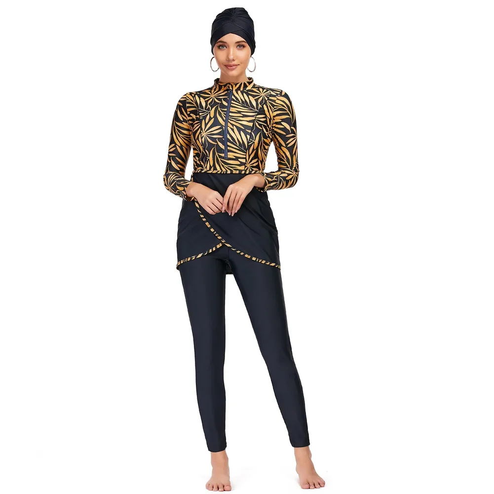 3 Pcs/Set Muslim Swimwear Women's Printed Solid Color Patchwork Hijab Long Sleeve Sports Islamic Burkini Wearing Swimwear