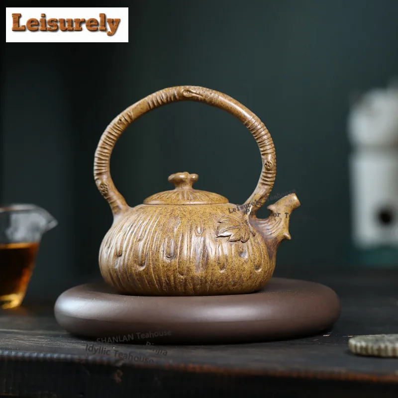 400ml Yixing Purple Clay Teapots Handmade Lifting Handle Pot Raw Ore Wood-fired Porcelain Mud Kettle With Infuser Zisha Tea Set