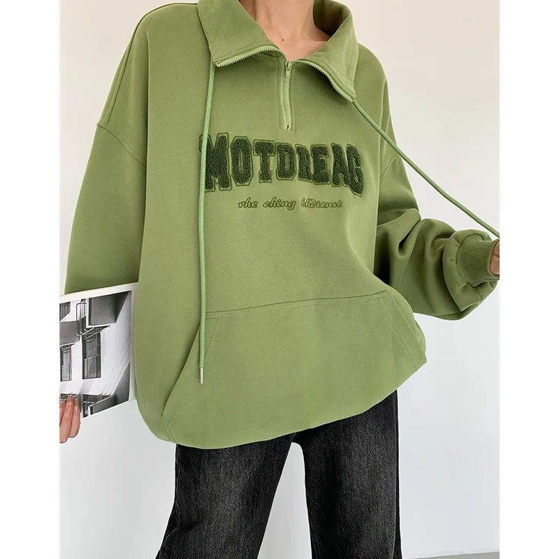 

Womens Clothing Green Vintage Street Sweatshirt Pullover Letter Embroidery Long Sleeves Casual Oversize Baggy Ladies Tops Autumn