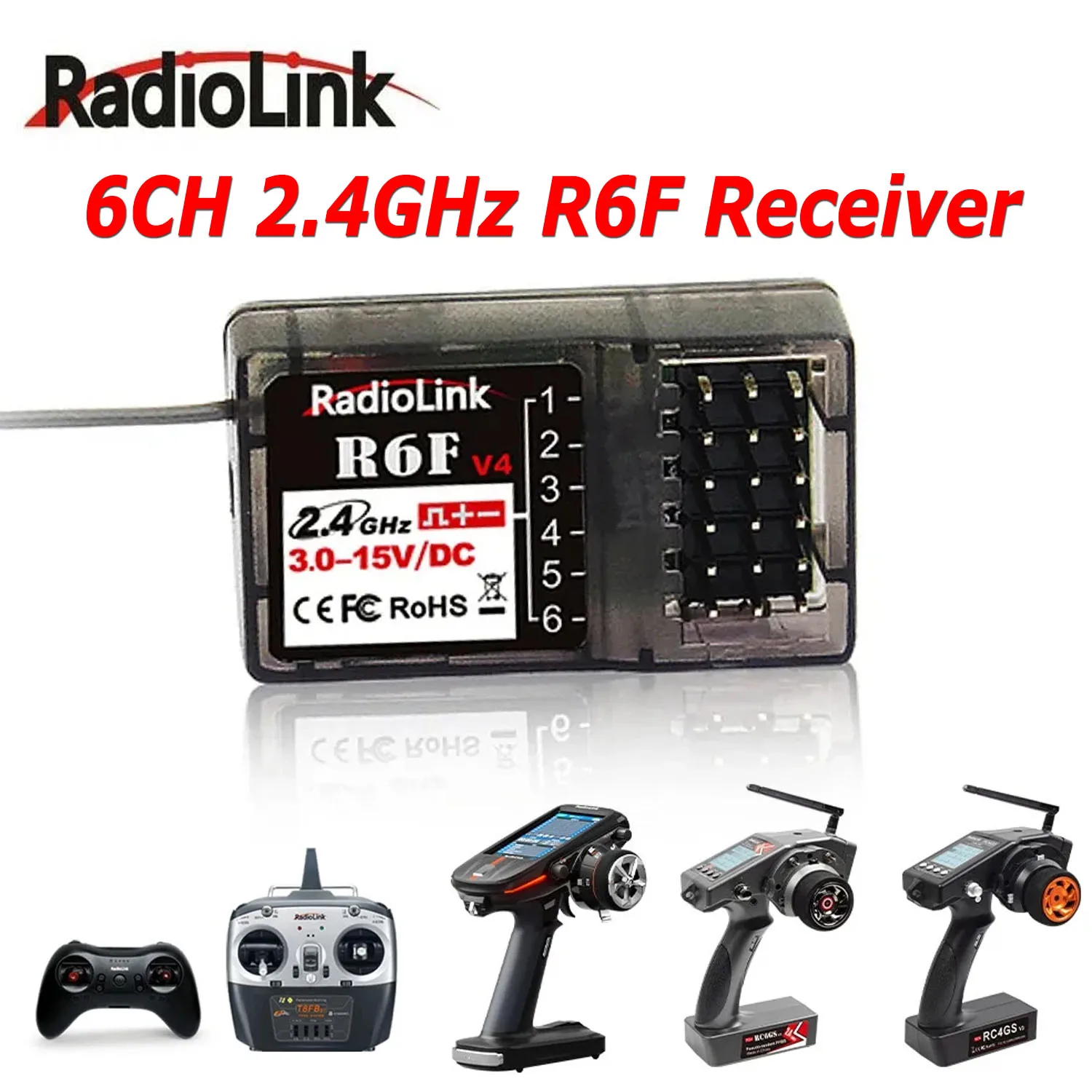 Récepteur Radiolink R6FG installé dans un crawler, avec gyroscope pour une stabilité optimale en tout-terrain.