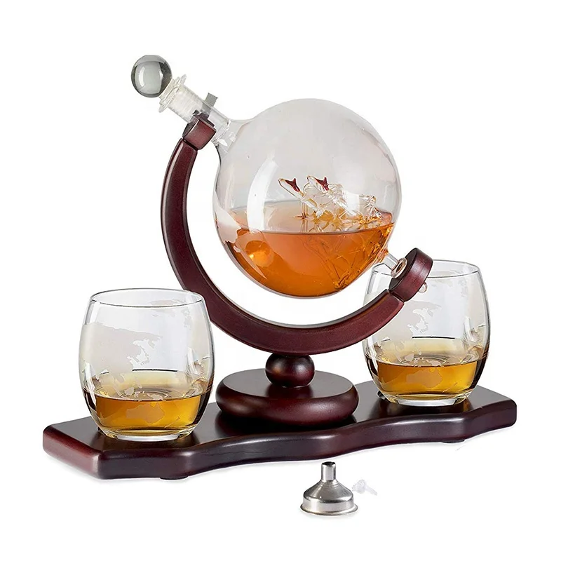 Personalized Gift Alcohol Liquor Bar Etched Wine Whiskey Globe Decanter Set with Wood Base 2 Glasses For Brandy Vodka