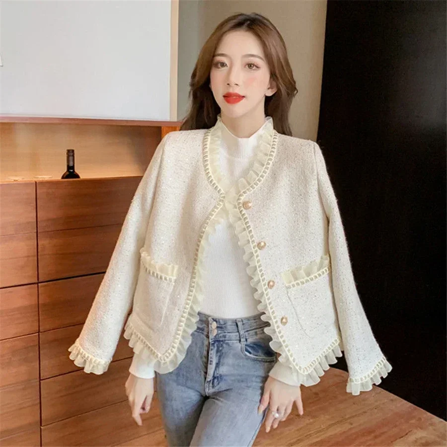 

Ruffled Slim Cropped Tweed Jacket Women Luxury Short Coats Spring Single Breasted Outwear Streetwear Elegant Chaqueta New D47