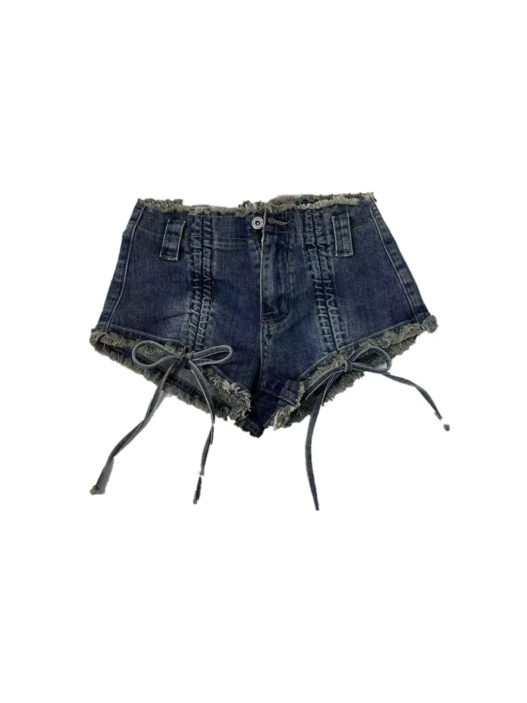 

Soefdioo Fashion Drawstring Tassel Solid High Waist Strechy Mini Denim Shorts Women 2023 Summer Streetwear Vintage Short Jeans