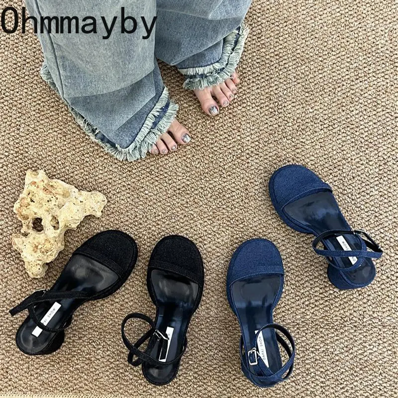 

Summer Denim Blue Women Sandals Fashion Open Toe Thick High Heel Slides Shoes Ladies Elegant Gladiator Sandalias