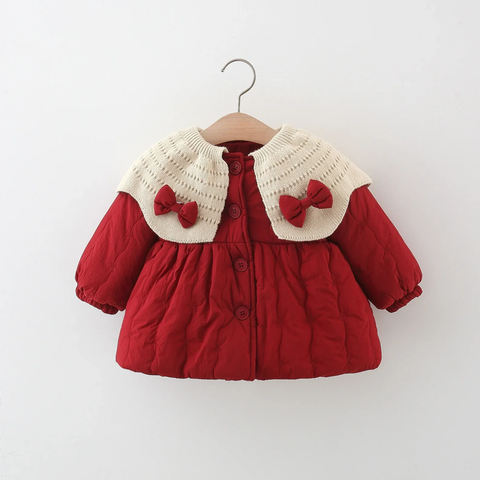 (0-3) Baby Girl Coat Winter Button Double Bow Decoration Big Neck Long Sleeve Cotton Coat Thick Velvet