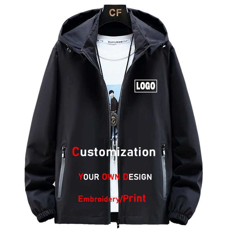 

New Mens Hooded Jacket Spring Autumn Waterproof Windbreaker Casual Solid Color Custom Logo Print Jacket Streetwear Plus Size 8XL