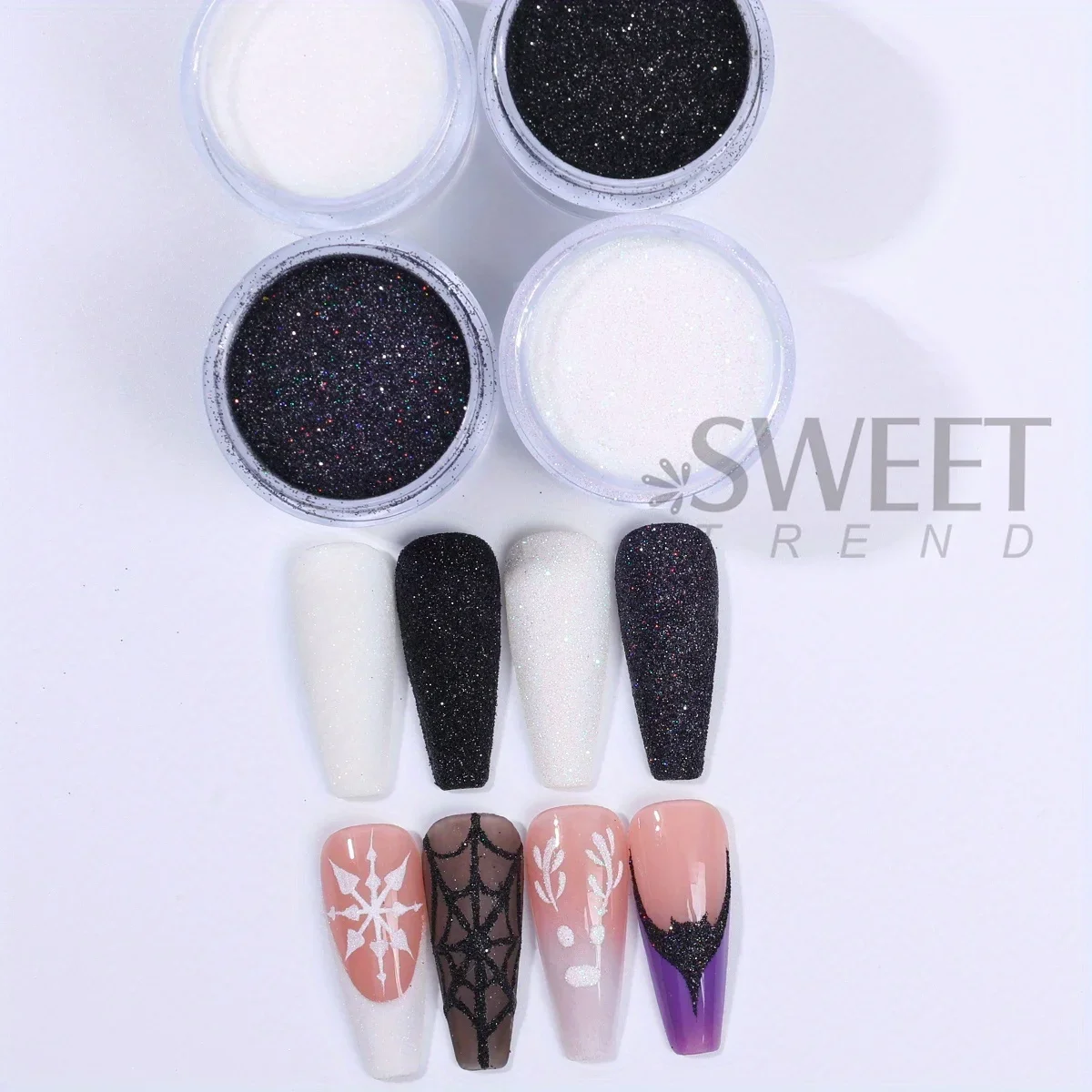 4pcs Fine Iridescent Sweater Nail Sequin Black White Sugar Powder Holographic Pigment Winter Sparkly Design Manicure Decor Flash