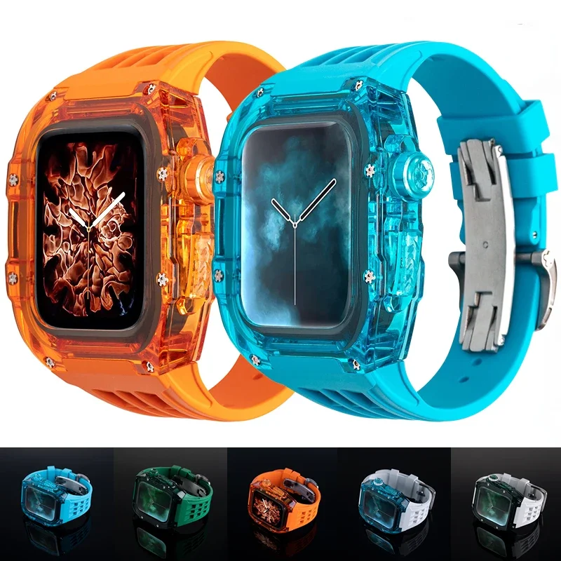 

Transparent Case + Fluororubber Strap For Apple Watch 45mm 44mm Modification Kit Bracelet Belt iWatch Series 9 8 7 6 5 4 SE Belt