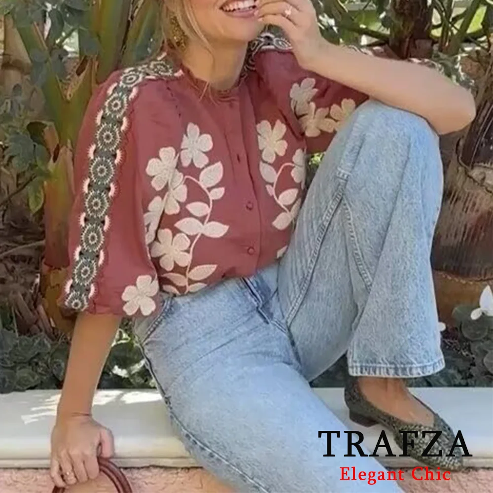 TRAFZA 여성용 우아한 캐주얼 프린트 블라우스, 프릴 넥 버튼 블라우스 탑, 레트로 블라우스 탑, 2024 여름 신상