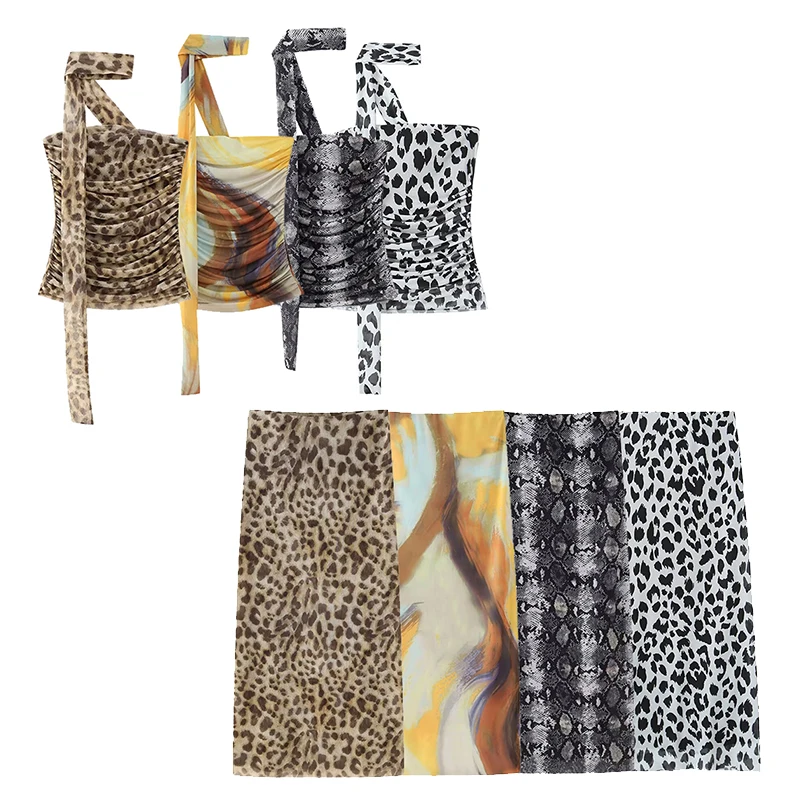 Willshela 여성 패션 2 조각 세트 Tulle Leopard Pleated Tops & 빈티지 하이 웨스트 미디 스커트 여성 세..