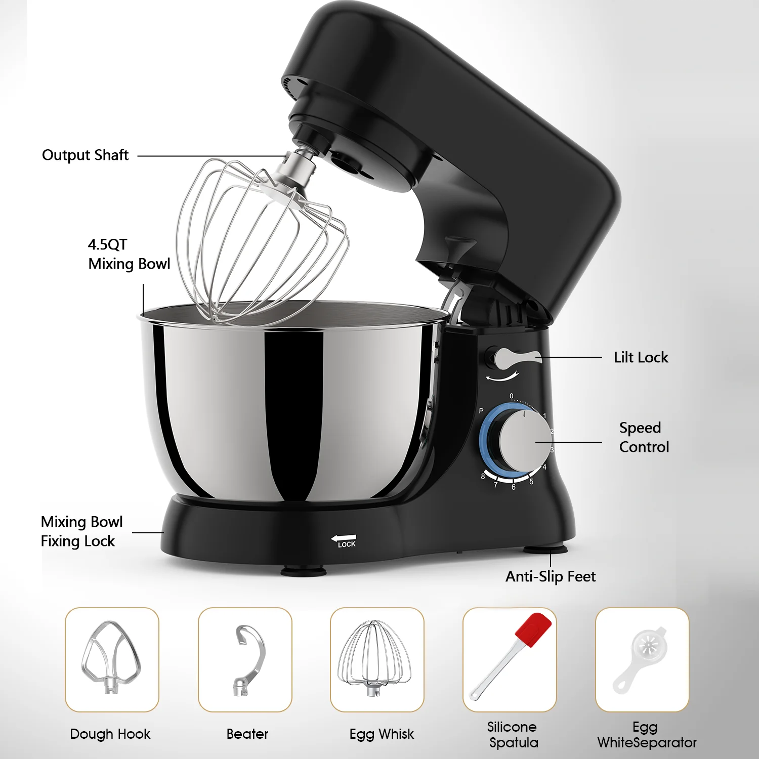 GQF-SM1509 Stand Mixer 4.5L 1000W Copper and Aluminum Motor ABS Plastic Shell Chef Machine With Whisk for Kneading Dough