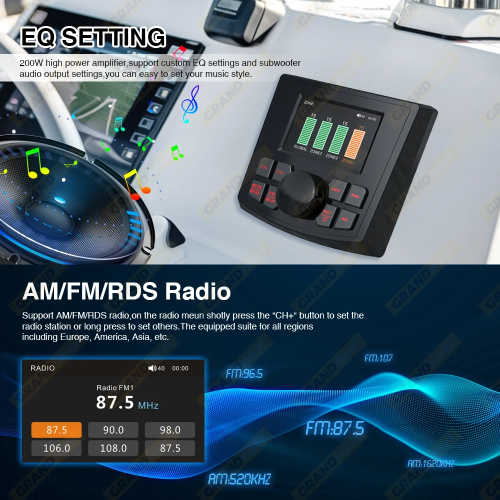 Boat Radio Player Marine Multimedia Player GRANDnavi Marine Stereo MP5 Waterproof IPX5 AUX Bluetooth FM AM RDS Audio For Yacht Gauge ATV UTV SUV Cart SPA