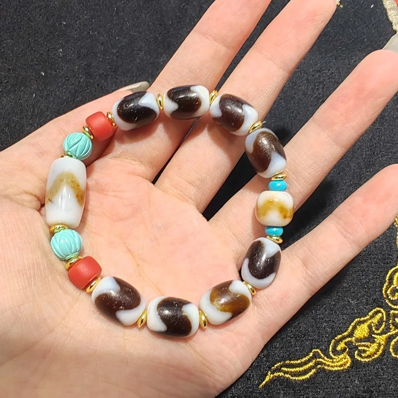

Xizang Totem Agate Dzi Ethnic Handstring Taiwan Infiltration Craft Tiger Teeth Sky Pearl diy Male and Female Bracelets