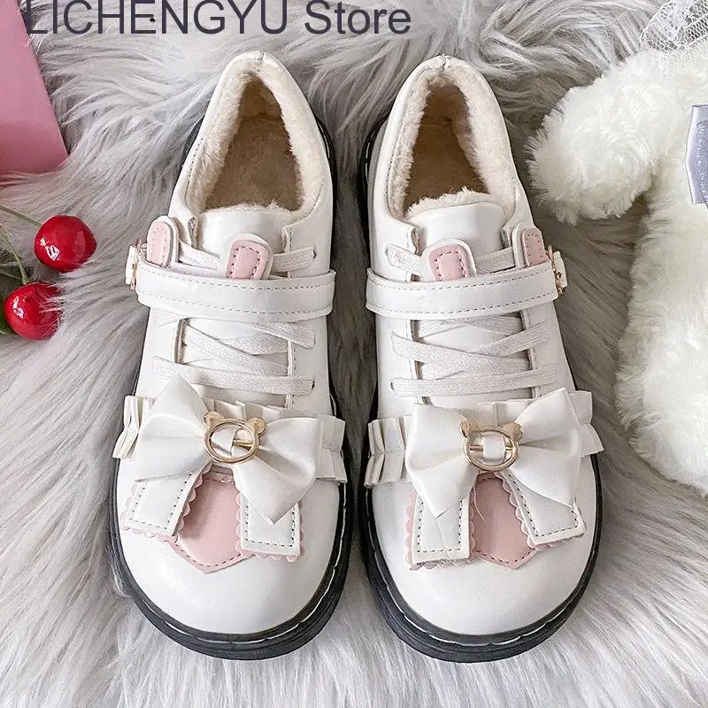 2023 Winter Japanese Lolita Soft Cute Female Student Jk Uniform Love Shoes Women Kawaii Bow Plush Warm Zapatillas Mujer