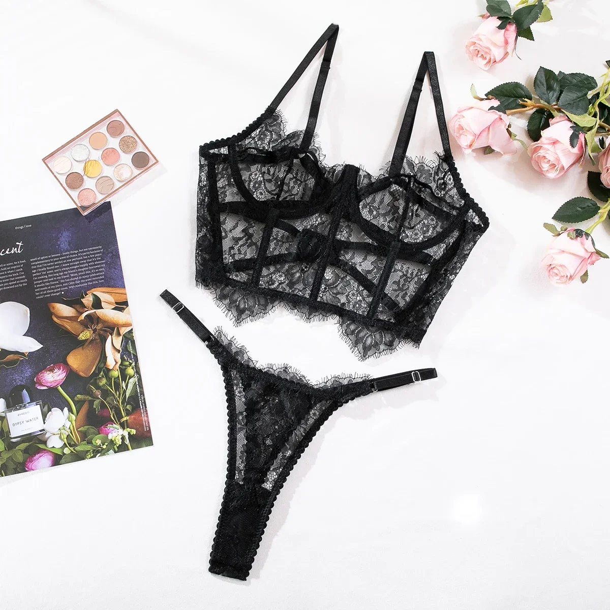 Bustier Floral Lace Sexy Lingerie Set Bra Brief Sets Women Underwear Transparent Unlined Hollow Eyelash Lace Sex Suit