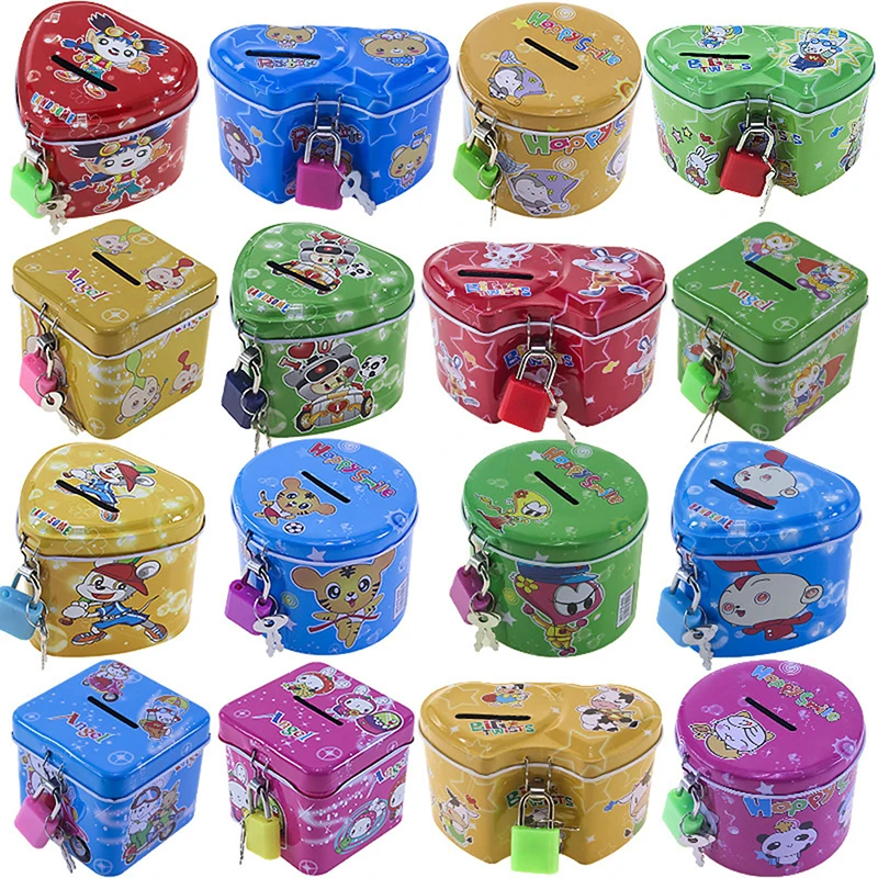 

Cute Cartoon Square Tin Metal Piggy Bank Saving Cash Coin Money Box Children Toy Kids Birthday Gifts 4 Color With Lock/Key