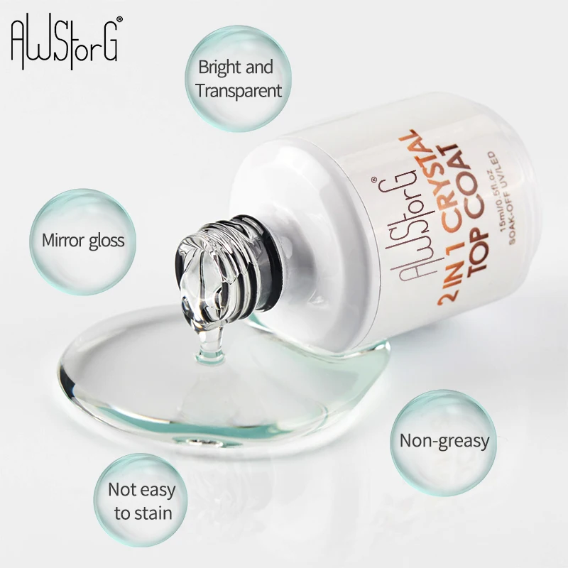 15ml 2 IN 1 Crystal Top Coat Transparent Soak Off UV LED Nail Polish Art Manicure Gel Varnishes Primer Function Gel