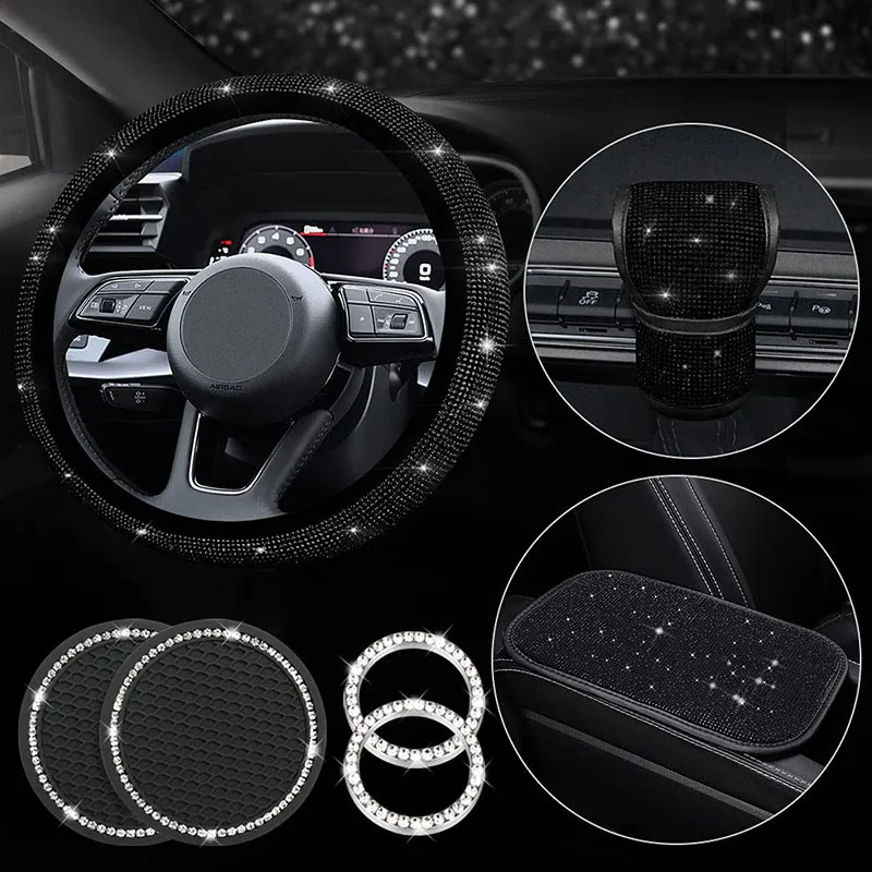 

7 Pcs Rhinestone Car Steering Wheel Cover Cupholder Starter Button Cover Handlebar Glove Armrest Glove Car Interior Kit