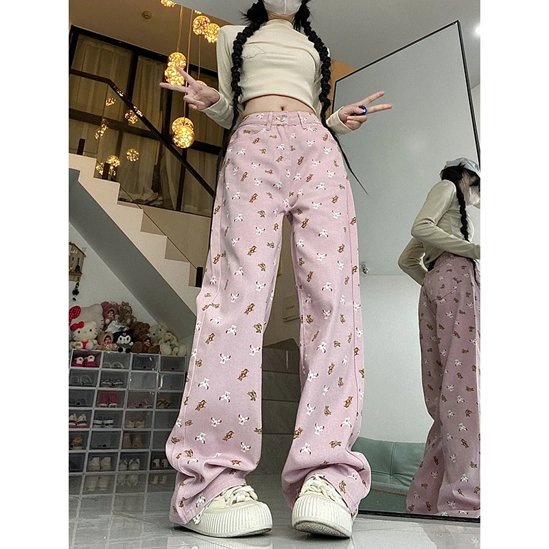 

Women Pink Jeans Vintage High Waist Chic American Fashion Y2K Streetwear Wide Leg Jean Female Trouser Printing Baggy Denim Pants