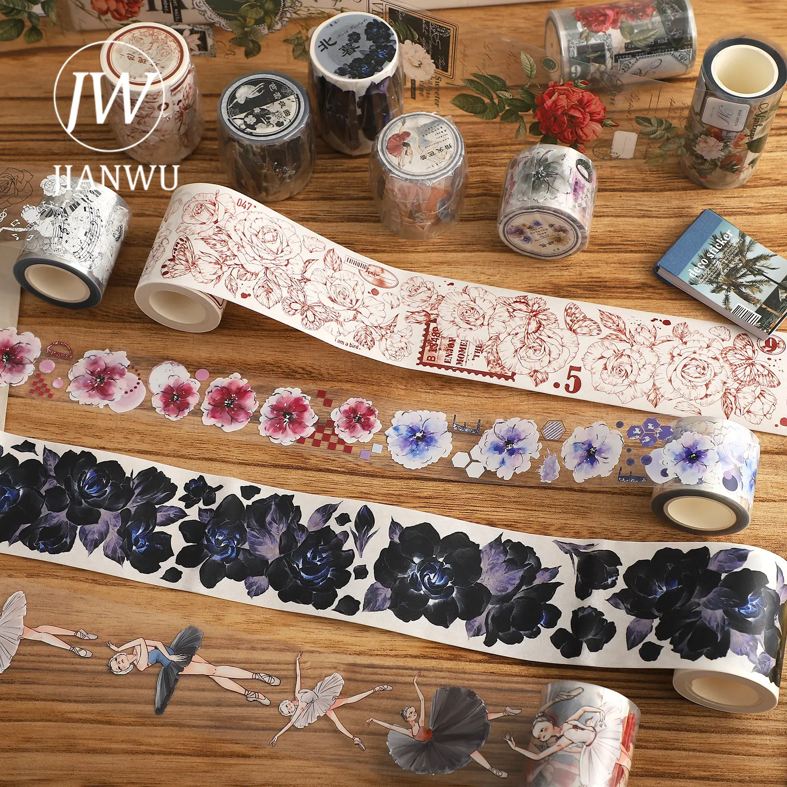 

JIANWU 500mm/600mm/ Roll Washi Paper PET Flower Plant Tape Special Oil Creative DIY Journal Vintage Collage Decor Stationary