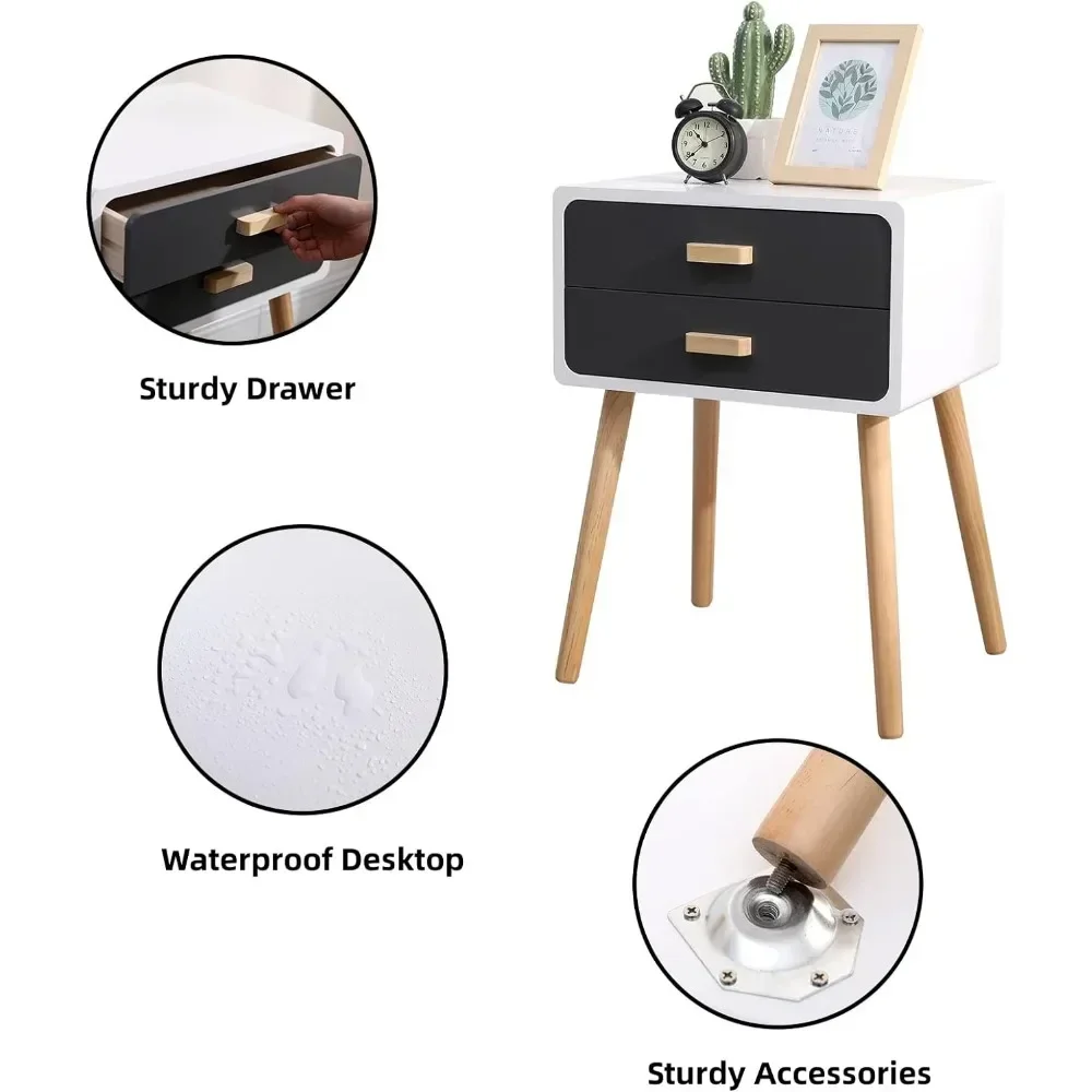 Set of 2 Nightstand End Table with 2 Storage Drawers and Solid Wooden Legs, Bedroom Living Room Furniture (Grey) 4 Set of 2 Nightstand End Table with 2 Storage Drawers and Solid Wooden Legs, Bedroom Living Room Furniture (Grey) 4