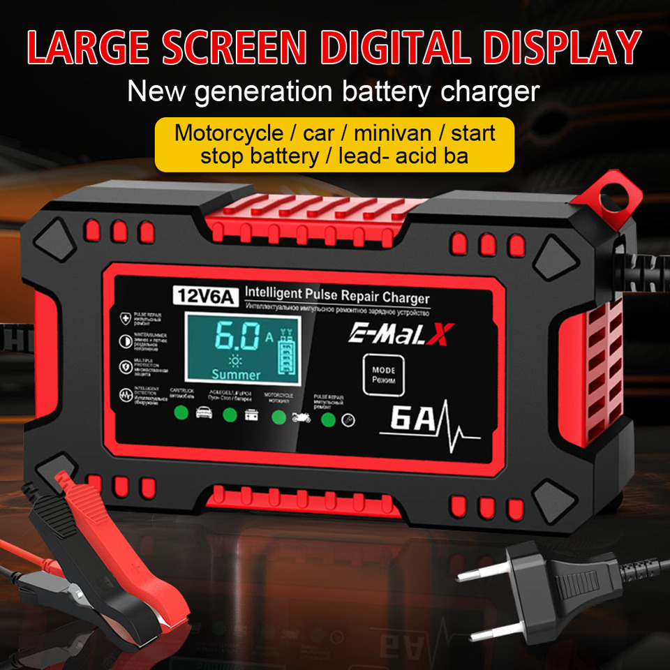 Digital LCD Display Voltage Temperature Detection Multiple Protection 12V 6A Intelligent Pulse Repair Car Battery Charger