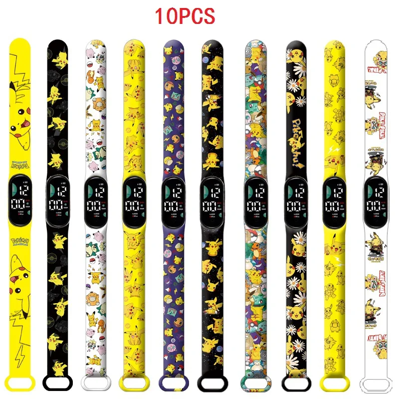 10Pcs Pokemon Child Watchs Anime Pikachu Cartoon Digital Electronic Led Student Silicone Wristband Bambini Puzzle Toys Watch Gifts