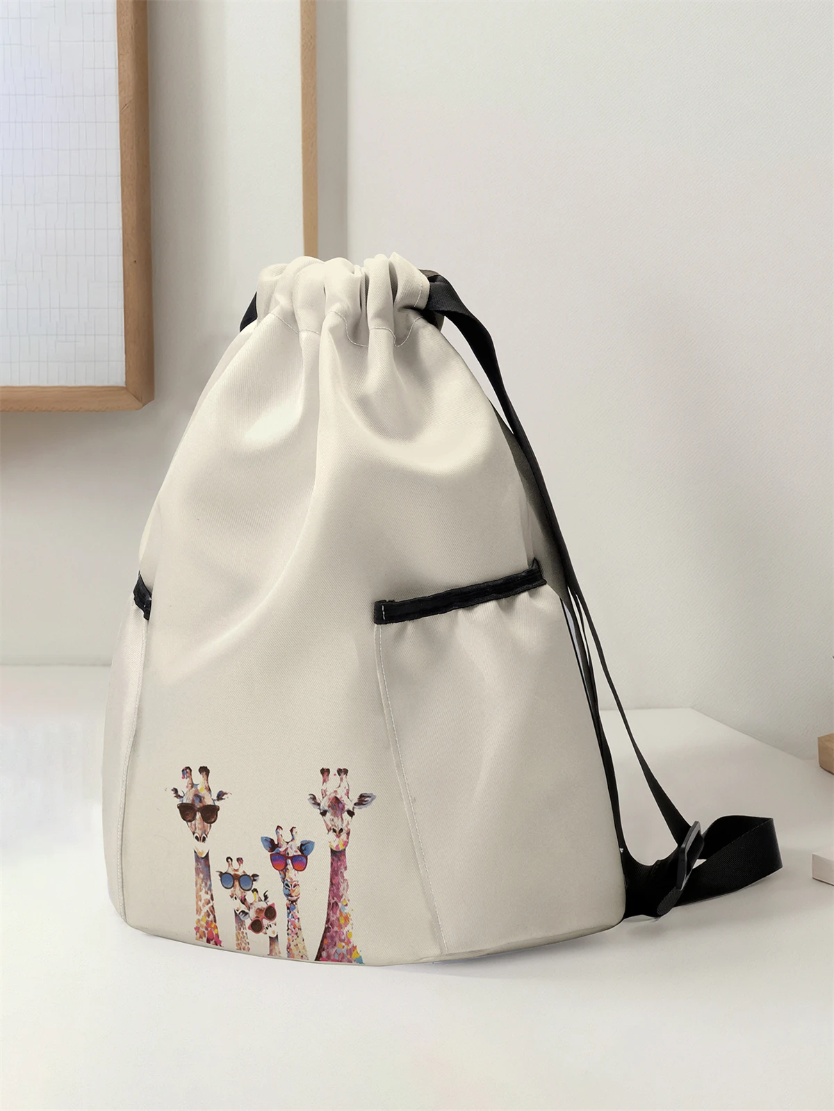 Giraffe Pattern Printed Drawstring Backpack - Large Capacity Durable Fitness Bag, Sports Beach Backpack