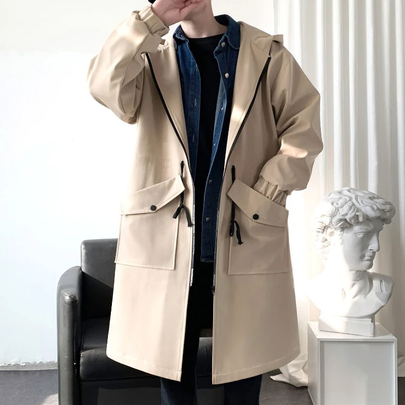 Spring Autumn Printing Hooded Long Sleeve Fashion Trench Man High Street Casual Loose Zipper Patchwork Pockets Cardigan