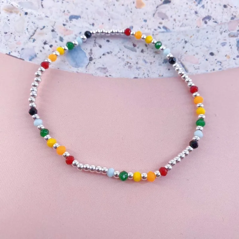 Silver Color Rainbow Beans Anklet for Women Summer Boho Handmade Beads Foot Chain Vocation Jewelry Gifts