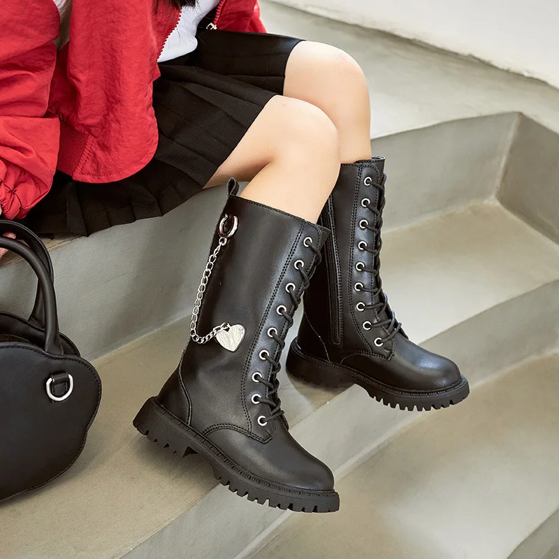 Kids'Boots 솔리드 컬러 PU 가죽 러브 패션 가을 무릎 높이 부츠 소녀용 미끄럼 방지 통기성 블랙 화이트 사이즈 21-37