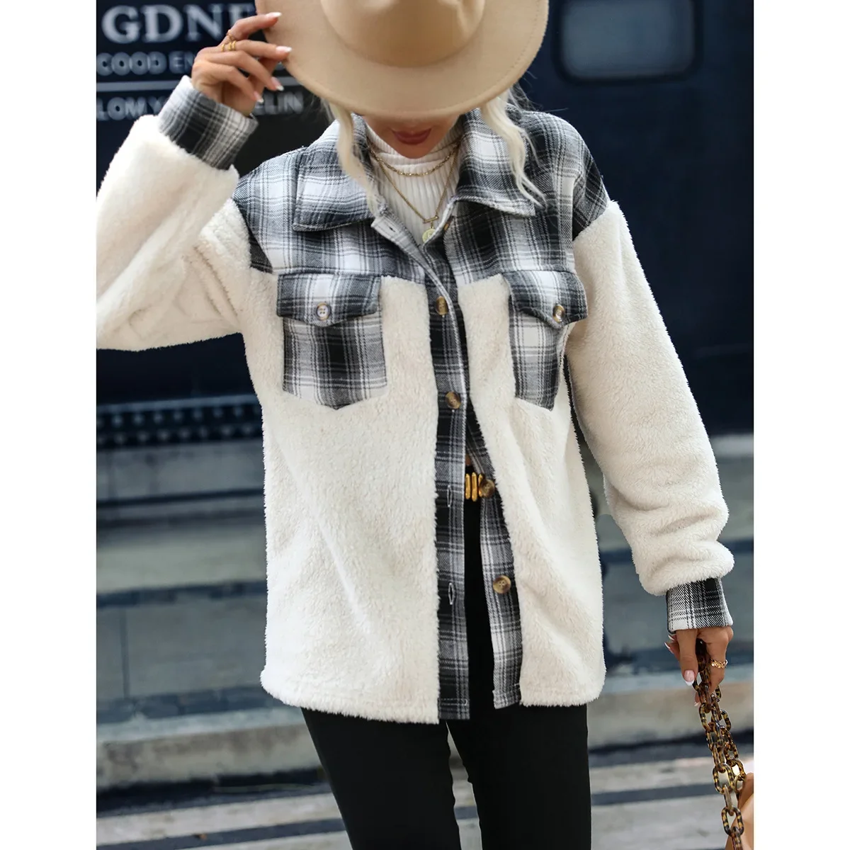 fashion women s solid color lapel pullover pockets short navel double sided fleece long sleeved plush warm sweater jacket women Women's Double Sided Velvet Plaid Patchwork Buttoned Long Sleeved Lapel Plush Jacket