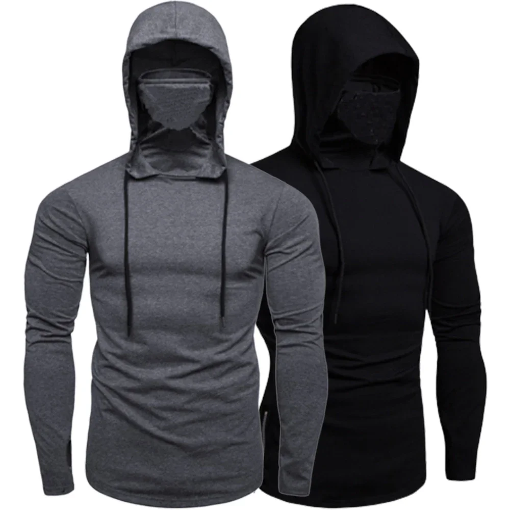 Men Casual Solid Black Gray Hoodies with Mask Long Sleeve Hooded Sweatshirt for Man Sport Fitness Gym Pullover Top Plus Size 5XL