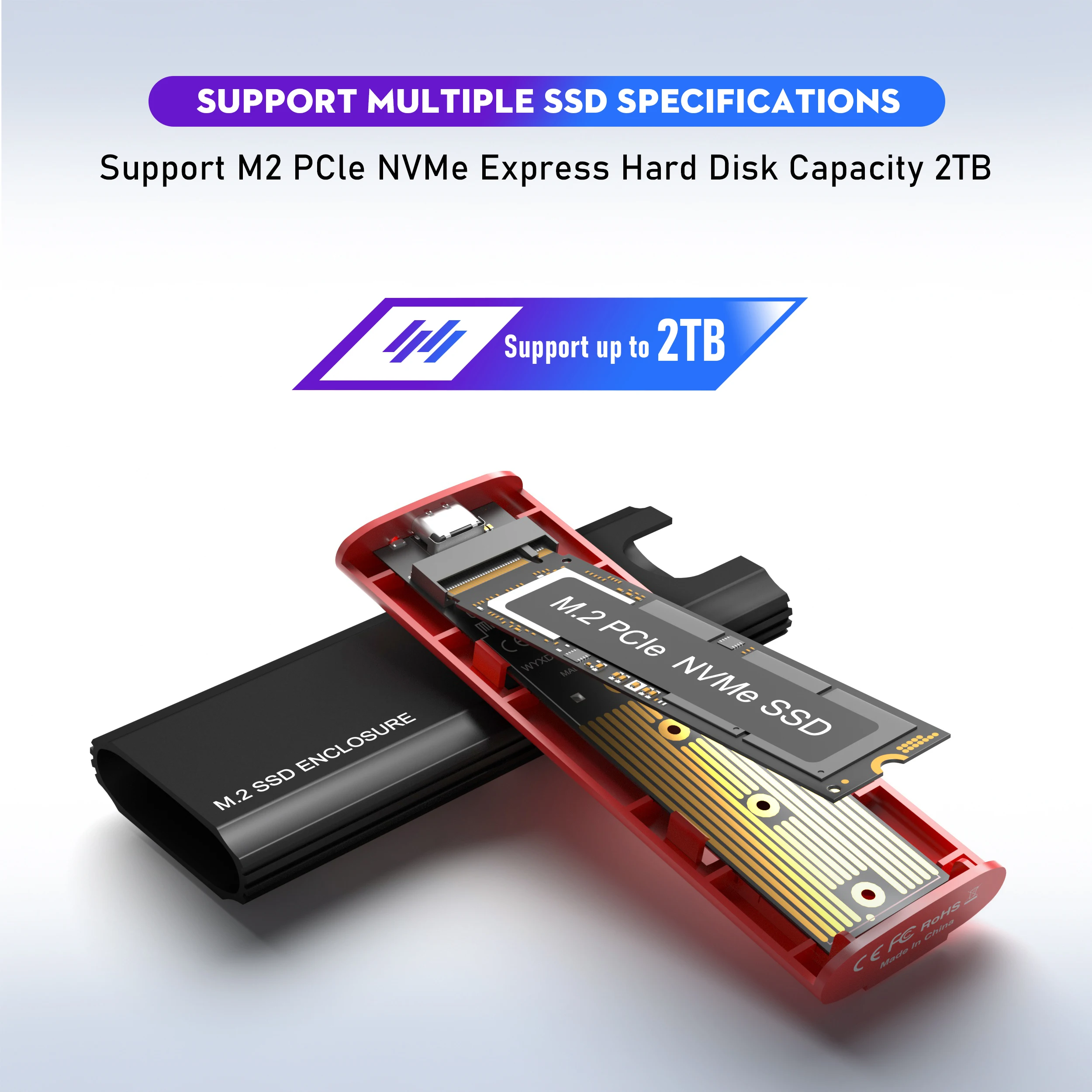 M2 NVMe SSD Enclosure 10Gbps SSD Box M.2 NVME NGFF SATA to USB 3.1 Enclosure Tool Free External Adapter Type-C Cable