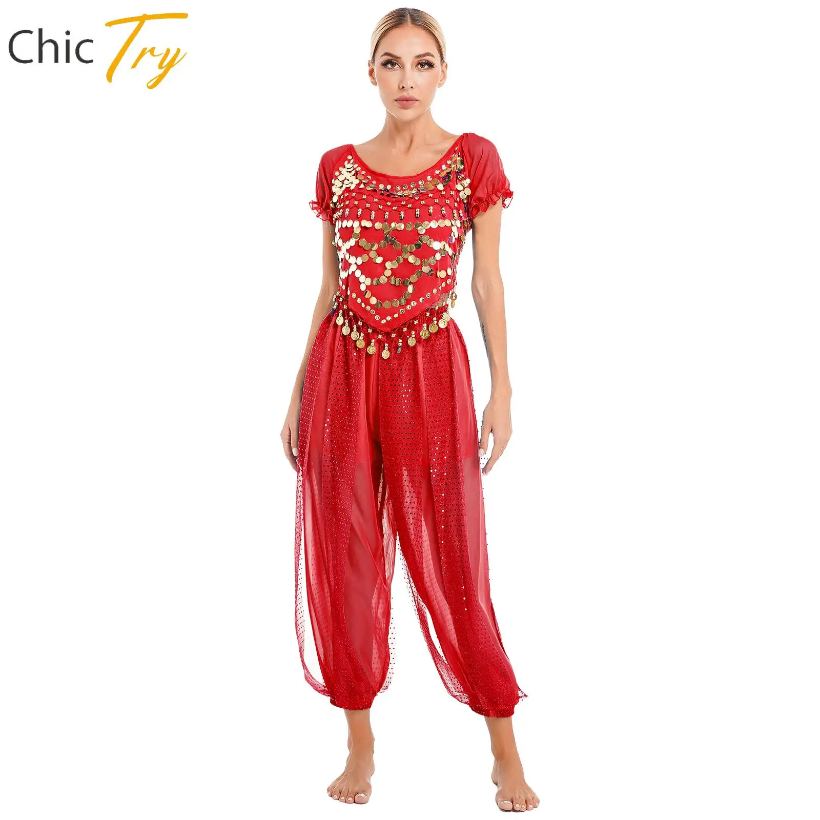 

Women's Belly Dance Costume India Arabian Belly Dancer Outfits Sparkly Sequin Lace-up Tops with Harem Pants Set Dancewear