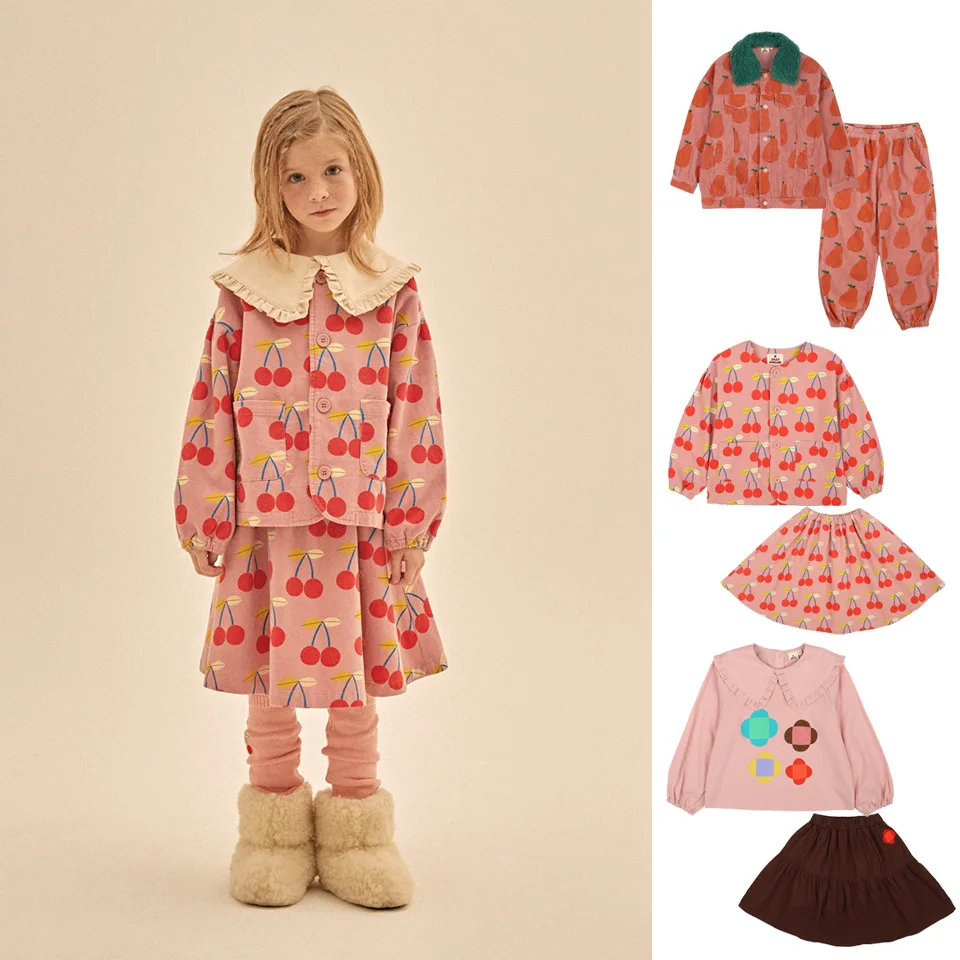 

Autumn and Winter 23 New Children's Suit JM Same Corduroy Full Printed Wool Collar Jacket Cherry Jacket Skirt Snow Pear Trousers