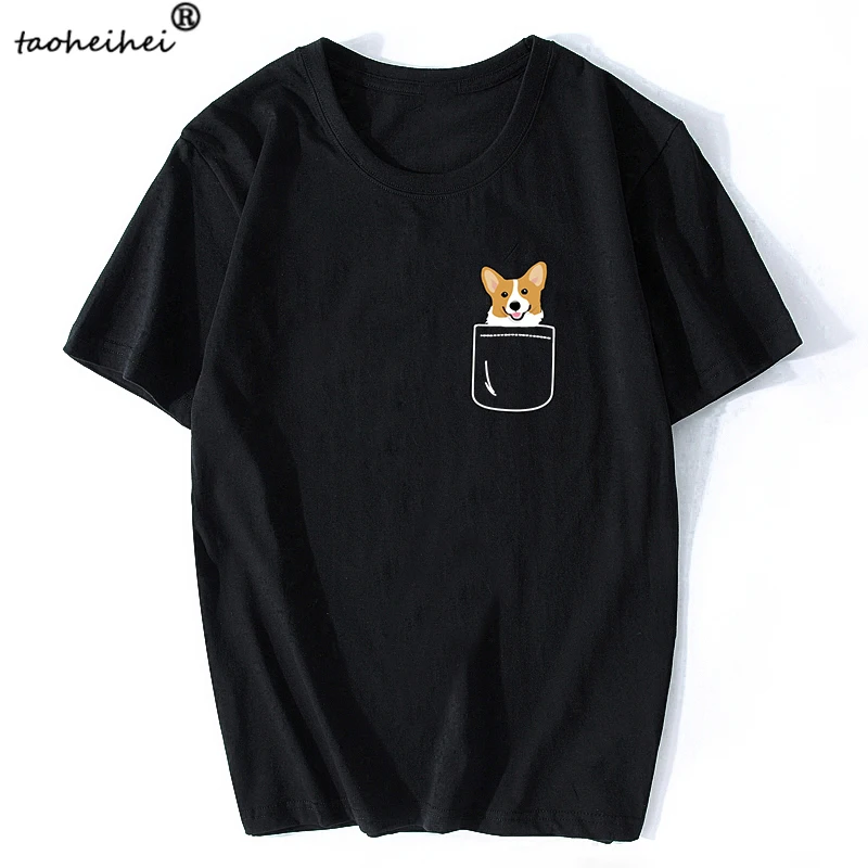 Повседневная футболка Corgi в кармане с забавным щенком и большой счастливой