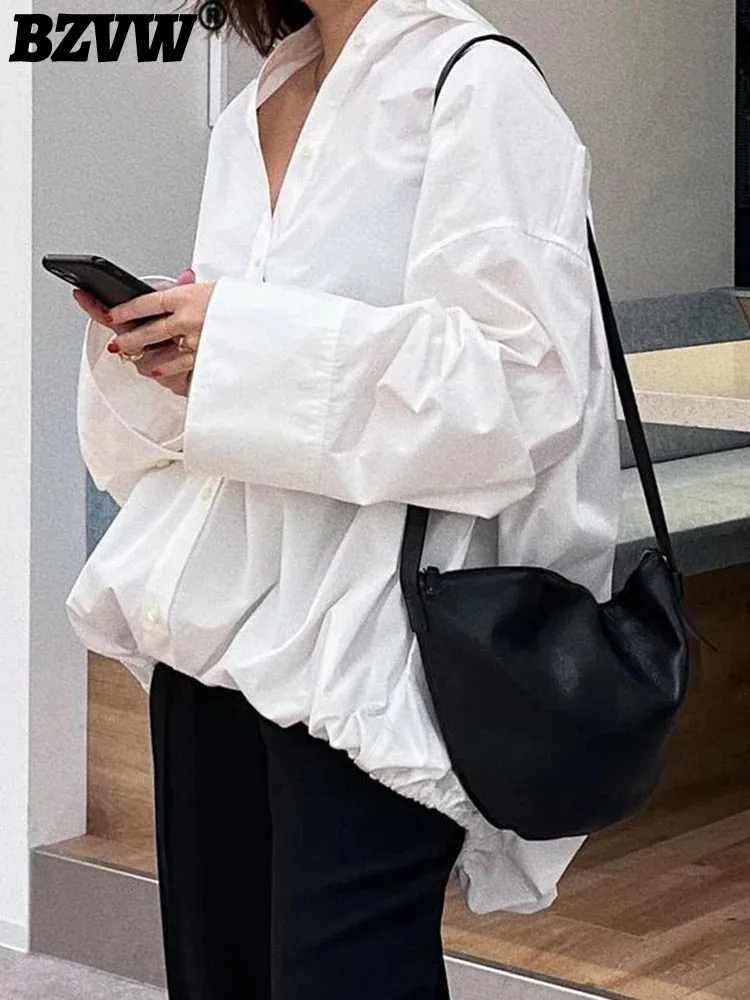 

Женская однобортная Свободная рубашка BZVW, дизайнерская Повседневная Однотонная рубашка с отложным воротником и длинными рукавами, осень 2024