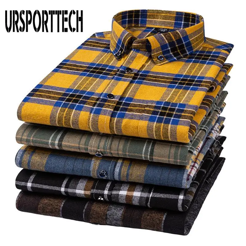 

URSPORTTECH Spring Autumn Men's Plaid Shirt Long Sleeve Slim Casual Shirt Men Thick Warm Male Social Cotton Men Shirt Clothing