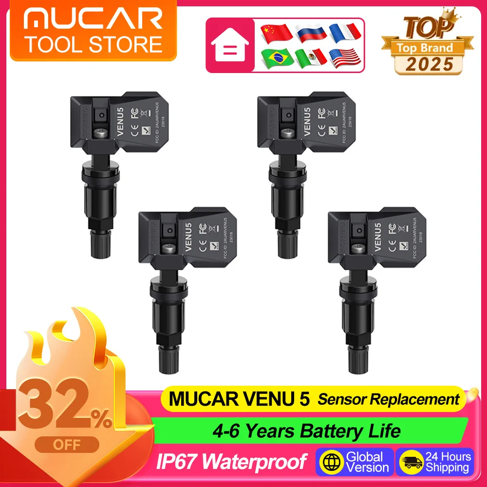 4PCS MUCAR VENU 5 Tire Pressure Sensor 315MHZ 433MHZ IP67 Waterproof Monitoring Sensor For Mercedes-Benz Chevrolet GMC AUDI